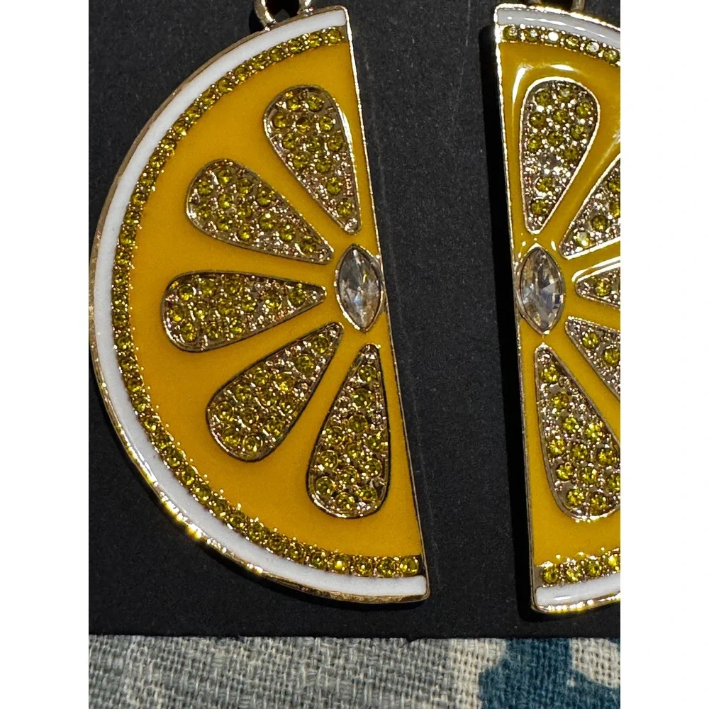 Yellow Lemon Slice Daisy Drop Earrings Gold Tone Rhinestone Enamel Fruit Jewelry
